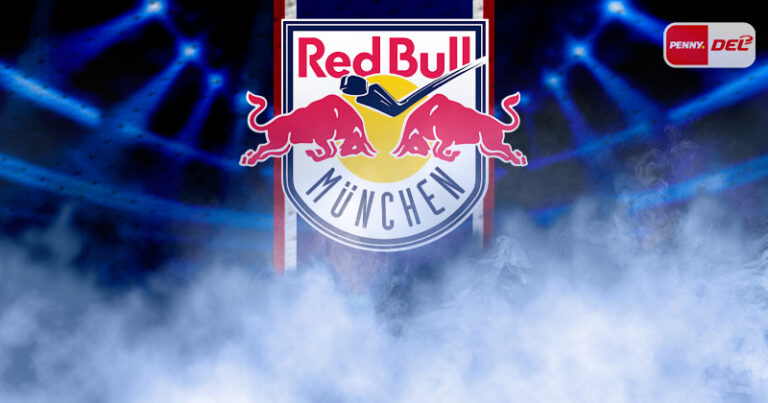 EHC Red Bull Münchenin logo sumuisella taustalla, DEL-liigan väreissä.
