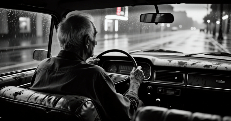 Vanhus ajaa vanhaa autoa sateisella kadulla, mustavalkoinen kuva takaa kuvattuna.