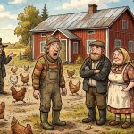 Humoristinen piirros suomalaisesta pihapiiristä, jossa seisoo hämmentyneitä kansanperinteen hahmoja, kanoja ja kissoja.