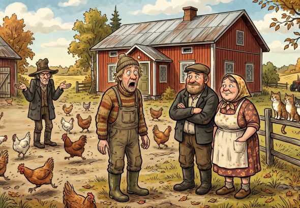 Humoristinen piirros suomalaisesta pihapiiristä, jossa seisoo hämmentyneitä kansanperinteen hahmoja, kanoja ja kissoja.