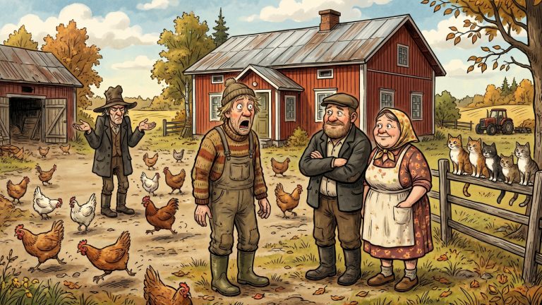 Humoristinen piirros suomalaisesta pihapiiristä, jossa seisoo hämmentyneitä kansanperinteen hahmoja, kanoja ja kissoja.