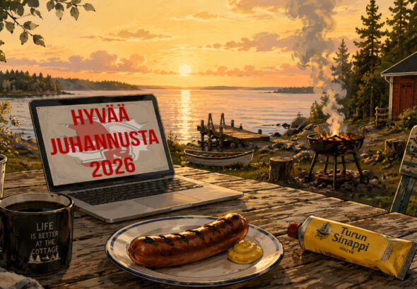 Juhannustervehdyskuva vuodelle 2026. Mökkirannassa puisella pöydällä näkyy kahvikuppi, grillimakkara, Turun Sinappi -tuubi ja läppäri, jonka ruudulla lukee “Hyvää juhannusta 2026”. Taustalla on laituri, vesi, mökki ja grillin savu auringonlaskussa.