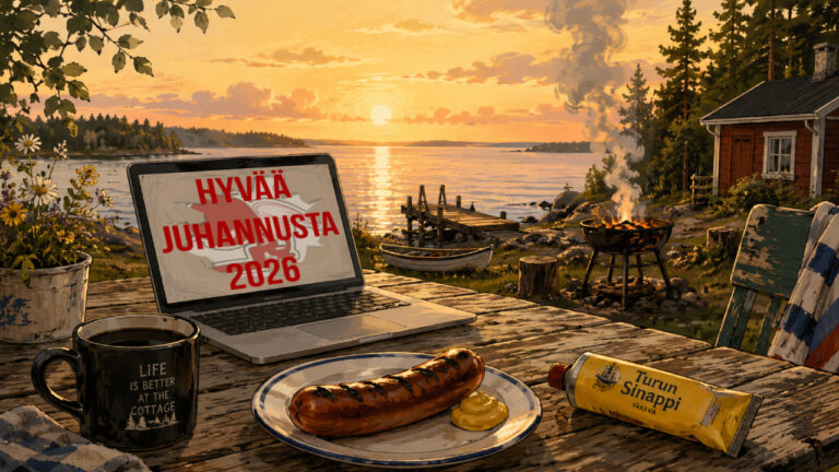 Juhannustervehdyskuva vuodelle 2026. Mökkirannassa puisella pöydällä näkyy kahvikuppi, grillimakkara, Turun Sinappi -tuubi ja läppäri, jonka ruudulla lukee “Hyvää juhannusta 2026”. Taustalla on laituri, vesi, mökki ja grillin savu auringonlaskussa.